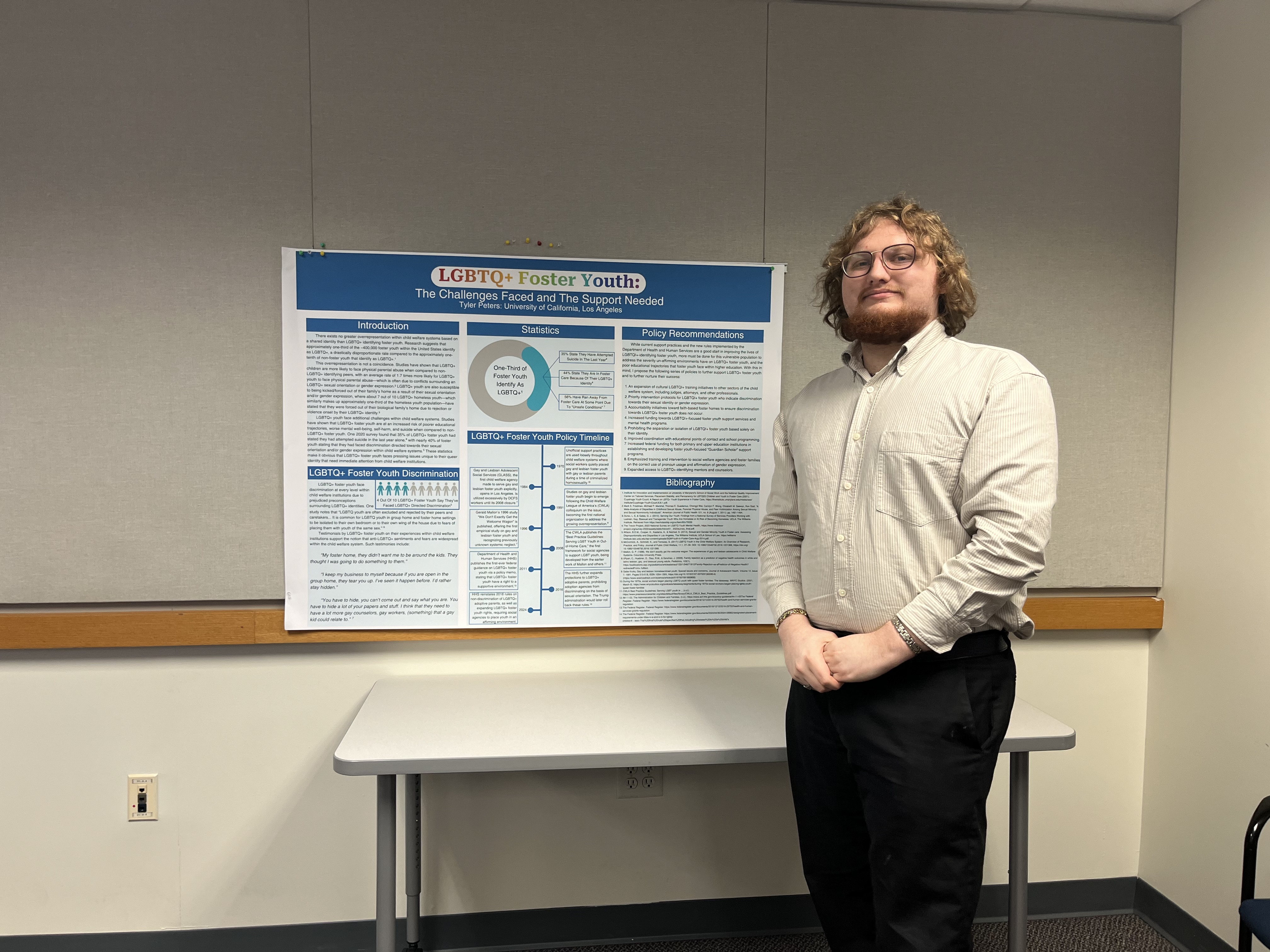 Tyler presenting his research poster on LGBTQ+ foster youth